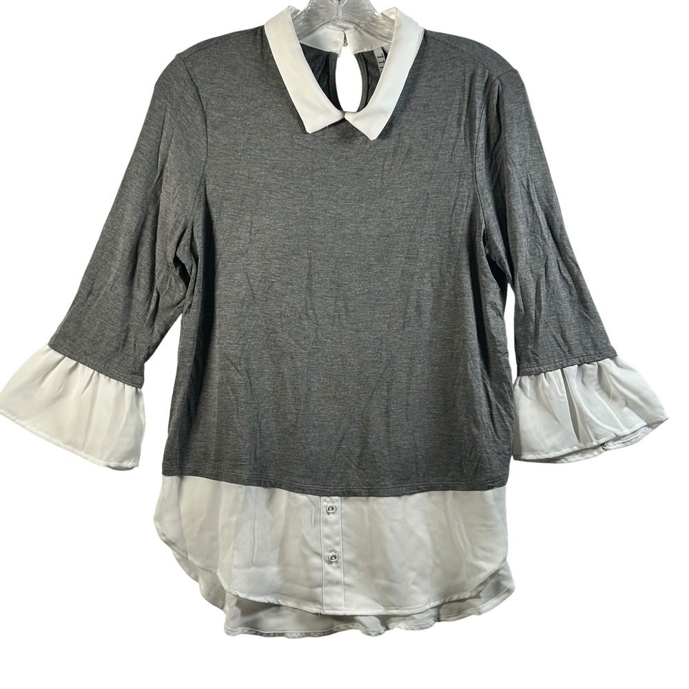 ELLE Women‎ Gray White Layered Collared 3/4 Sleeve Shirt Top Size S